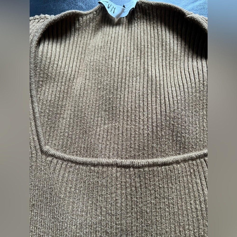 Zara brown square neck knit sweater top size medium fitted bohemian puff sleeve - Picture 12 of 14